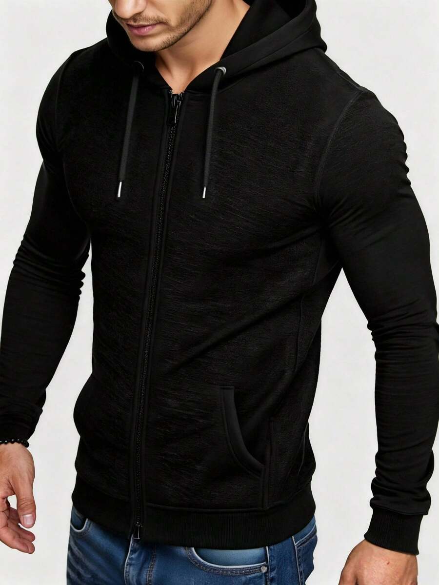 Manfinity Homme 男士休闲纯色连帽衫，秋季休闲健身拉链黑色连帽衫，长袖上衣 - 黑色 - 查看 1