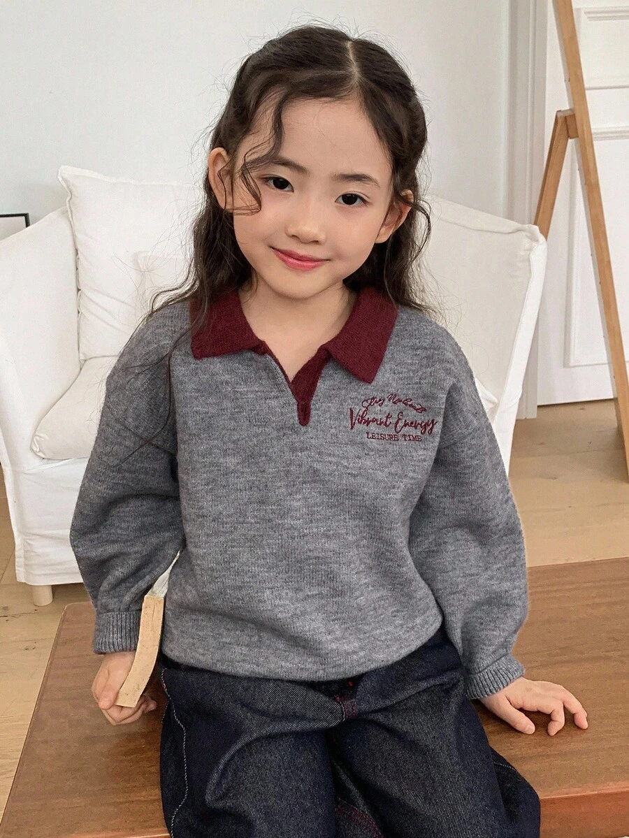 DAZY Jeune fille Tricot décontracté avec broderie de lettre et col contrastant, Automne/Hiver - Gris - Voir 1