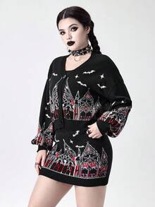 ROMWE Gothic Palace Castle Church Pattern Knitted Bodycon Mini Skirt - Black - View 2