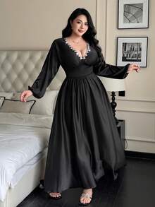 Flirla Vestido ajustado de unicolor, vintage, romántico y elegante con escote en V - Negro - Ver 7