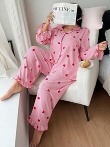 Napfluff CURVE Napfluff CURVE 大码优雅粉色条纹爱心睡衣套装，撞色包边长袖领上衣和长裤，梭织面料家居服睡衣套装，爱心条纹睡衣，女士粉色爱心睡衣套装，粉色条纹睡衣，秋冬服装 - 粉色 - 查看 6