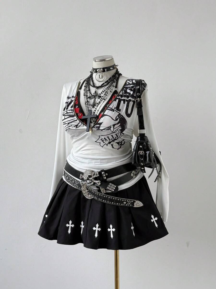 Sunspun 加大码黑色束腰宽松半身裙，十字架装饰，简约朋克风格，百搭黑色短裙 - 黑色 - 查看 1