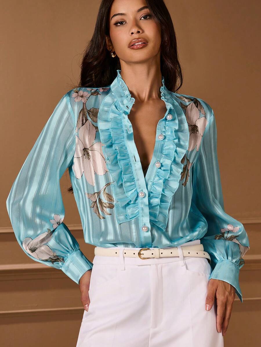 Lilora Women's Casual Floral Print Long Sleeve Single-Breasted Ruffle Hem Shirt Winter Elegant Ruffled Shirt, Refined And Elegant - Blue - View 1