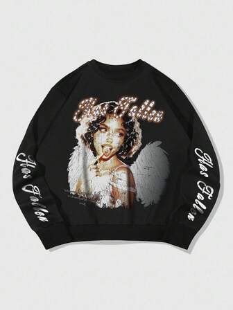 Street Life Sweatshirt ample à col rond avec imprimé lettres et chiffres pour homme