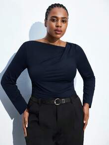 Maija 大码女式蓝色长袖基本款 T 恤，适合秋冬季、圣诞派对、感恩节、休闲都市商务装、优雅上衣 - 藏蓝色 - 查看 6