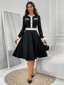 Medorina 女式撞色圆领长袖中长连衣裙 - 黑色 - 查看 5