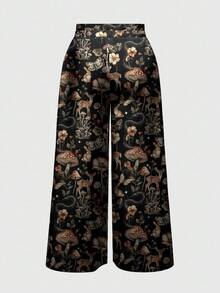 ROMWE Fairycore 大码女式宽松阔腿裤，鹿、兔、蘑菇波西米亚哥特式设计 - 黑色 - 查看 2