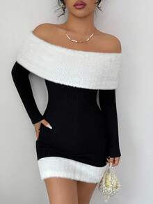 Modelyn Elegant Off Shoulder Knitted Fuzzy Color Block Mini Dress For Party, Autumn/Winter - Black and White - View 6