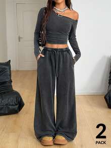 Coolane Women's Daily Wear Essentials Knit Stretchy Comfy Asymmetrical Neck Long Sleeve Tops And Wide Leg Sweatpants Tracksuit Two Pieces Outfits - Black - View 5