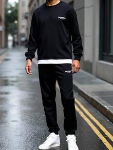 SHEIN 2 件青少年男童休闲字母标语印花二合一圆领卫衣和裤子套装，纯色简约基本百搭，适合通勤、上学、日常休闲、旅行、户外派对、运动、秋冬两件套运动服