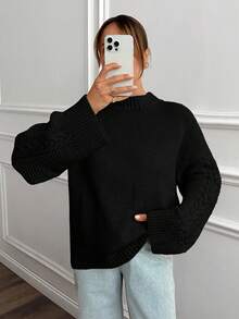EURMUSE Women Solid Color Mock Neck Cable Knit Detailed Sleeve Drop Shoulder Pullover - Black - View 5