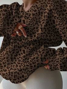INAWLY Sweat-shirt décontracté imprimé léopard grande taille, automne/hiver - Marron fonçé - Voir 6
