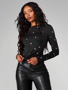 MISSGUIDED Eyelet Long Sleeve T-Shirt For Women Grunge Metal Hardware Detail Casual Top - Black - View 3