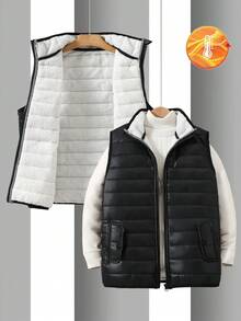 1件青少年男童休闲加厚立领绗缝背心，适合秋冬季休闲、上学、通勤穿着 - 黑色 - 查看 1