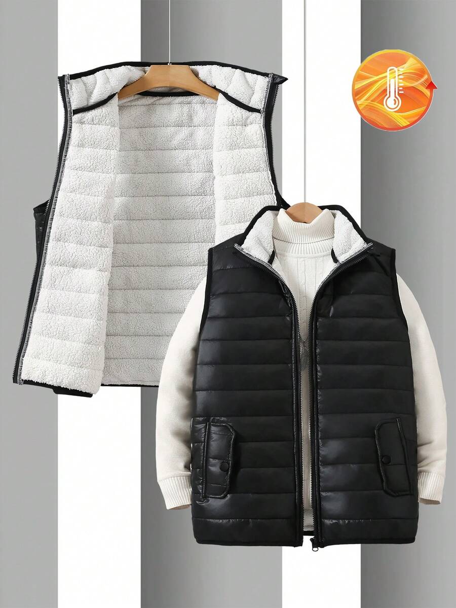 1件青少年男童休闲加厚立领绗缝背心，适合秋冬季休闲、上学、通勤穿着 - 黑色 - 查看 1