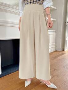DAZY Solid Color Pleated Wide Leg Maxi Women's Dress Pants Business Attire - Apricot - View 3