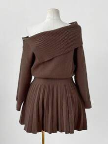 Sunspun Autumn/Winter Fashion Asymmetric Off-Shoulder Solid Color Waist Pleated Dress