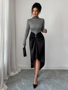 Modelyn Women's Color Block Elastic Fitted Waist Pleated Long Dress, Elegant High Neck Long Sleeve Asymmetrical Hem Dress - Black - View 7