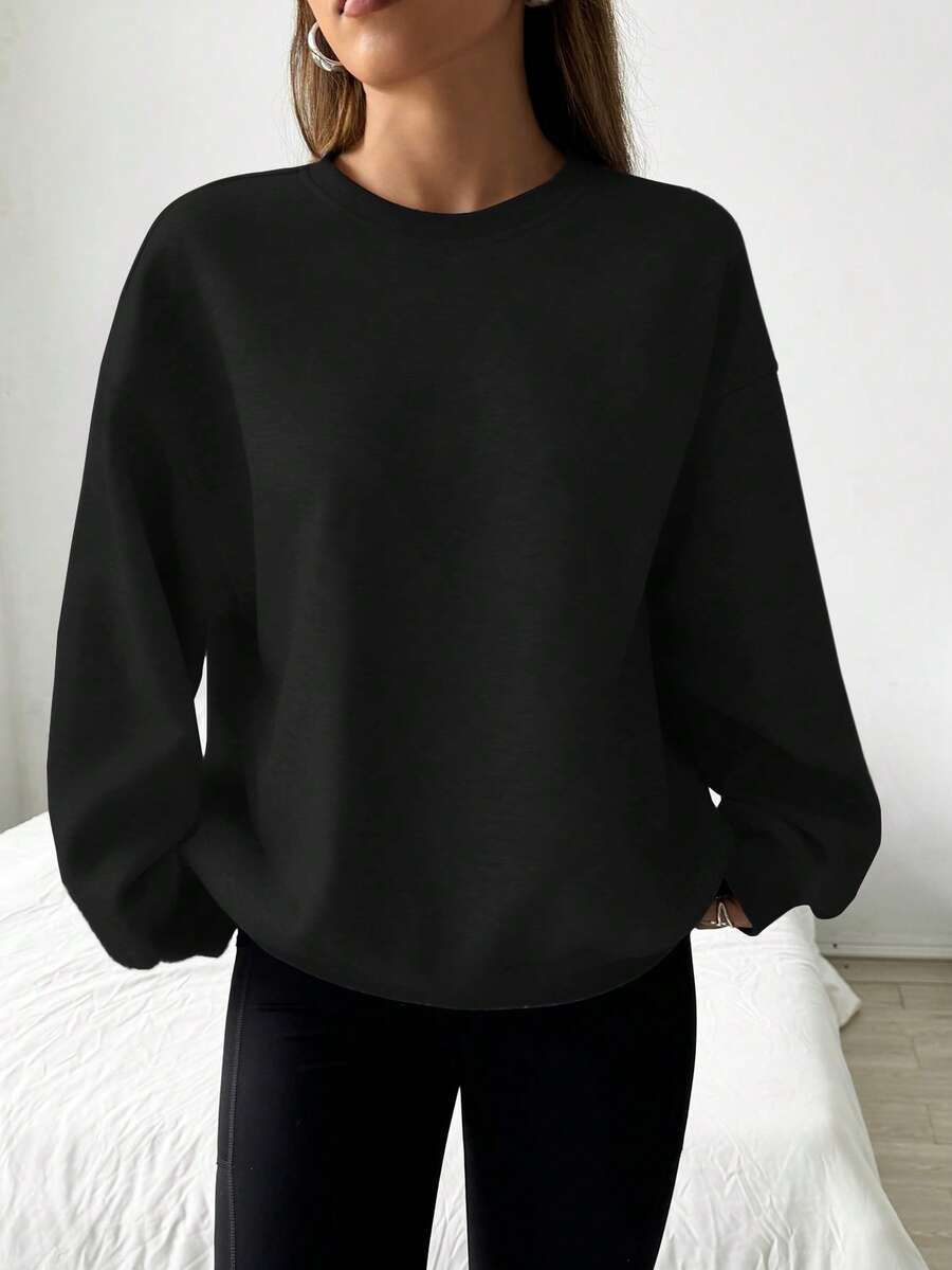 SHEIN EZwear Knitted Black Round Neck Basic Sweatshirt,Long Sleeve Tops In Fall/Winter - Black - View 1