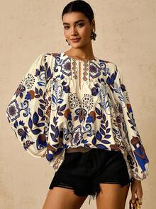 Travachic Áo cánh tay dài buộc phía trước họa tiết nhiệt đới và hoa văn cỡ lớn dành cho nữ - Màu be - Xem 3