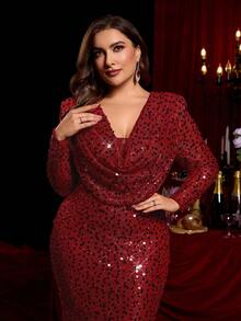 Glamrae 加大码优雅浪漫酒红色低胸长袖美人鱼下摆透视礼服，适合婚礼、派对、庆典活动、正式礼服 - 酒紅色 - 查看 1