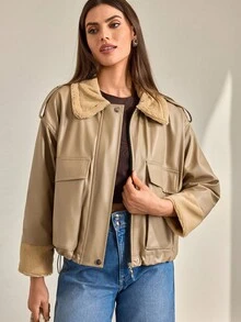 CLARA VERO Cappotto imbottito con colletto in borg, tasche con patta, rivestimento in pelle PU, fodera in pelliccia, giacca in PU di alta qualità, molto morbida e confortevole - Albicocca - Visualizzare 4