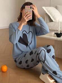 2pcs/Set Girls Cute Heart & Peach Print Soft Fabric Pullover Long Sleeve Top And Pants Pajama Set, Suitable For Autumn/Winter, Dark Gray