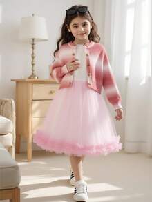 2pcs Girls Rainbow Ombre Mohair Cardigan & Cute Mesh A-Line Dress Set, Fashionable Casual Outfit For Holiday & Daily Wear - Pink - View 10