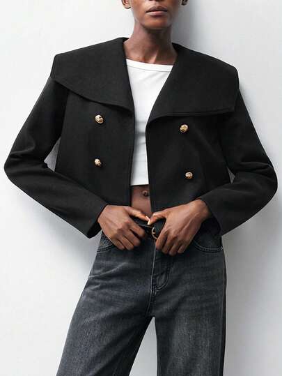 Maija 2025新款超大金属双排扣设计女士黑色大衣，女士冬季外套，秋季女装，新年派对上衣，现代都市街头风酷炫女式外套