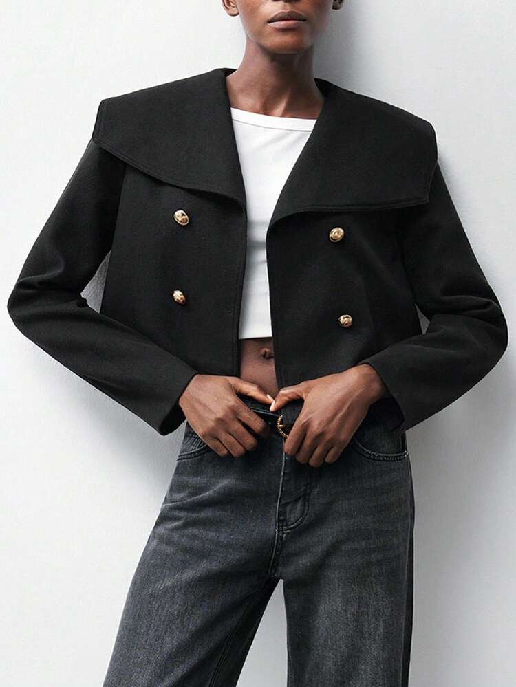 SHEIN Maija 2025年 オーバーサイズ メタル ダブルブレスト デザイン レディース ブラック オーバーコート、レディース ウィンターコート、秋冬レディース、新年、パーティートップ、モダンアーバン、ストリートスタイルクールなレディースコート