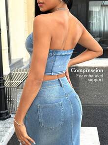 SHEIN Unity Atasan Bustier Denim Wanita Model Crop Fit dengan Desain Kancing Y2K yang Modis - Biru - View 2