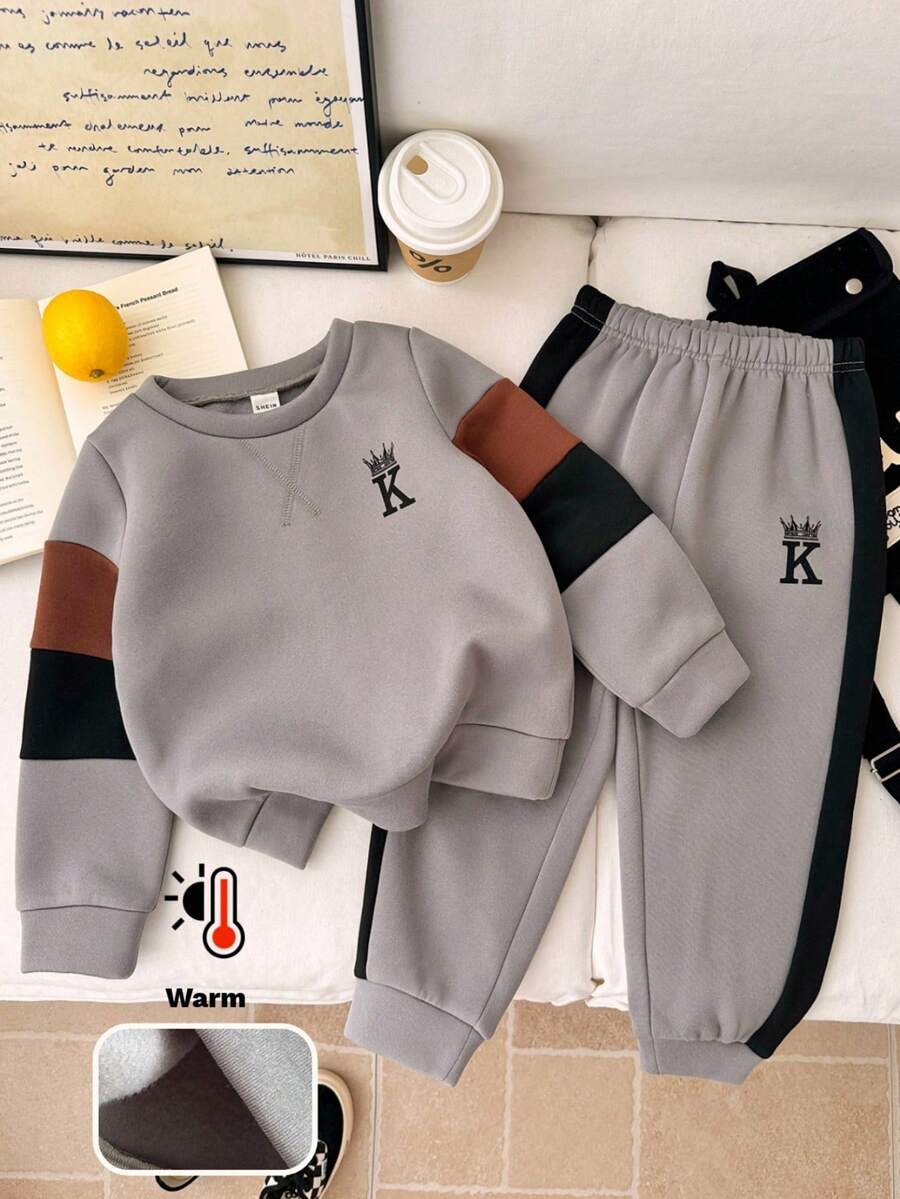 LMoss Kids 2件套男童针织拼色圆领休闲运动衫和裤子套装 - 彩色 - 查看 1