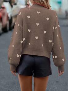 SHEIN LUNE Suéter de hombros caídos con estampado de corazón, informal para otoño/invierno - Café integral - Ver 2