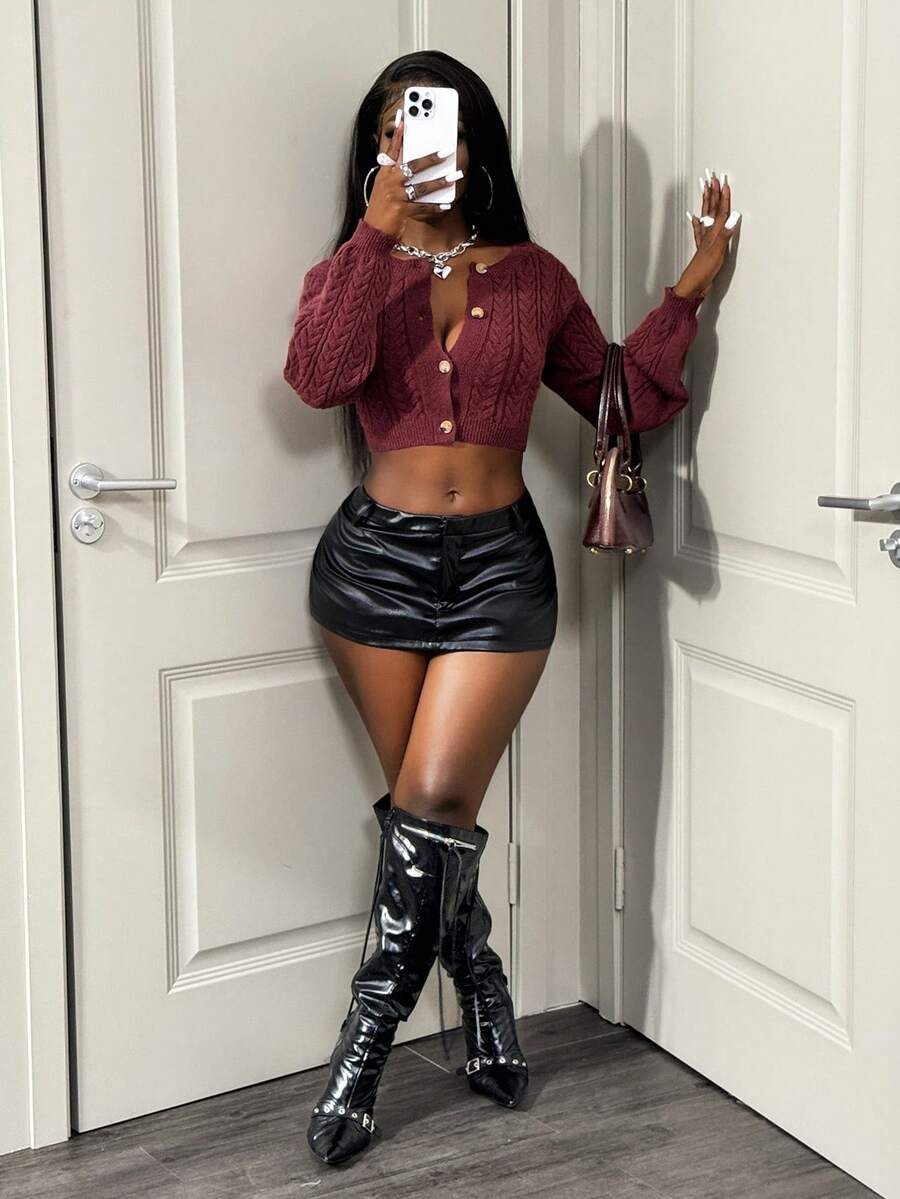 SHEIN BamGlam Women's Cropped Long Sleeve Sweater, Fashionable Midriff-Baring, Casual Outdoor Wear For Autumn/Winter - Brown - View 1