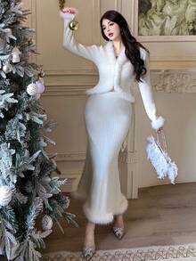 DAZY Women's Patchwork V-Neck Knitted Cardigan And Skirt 2 Pieces Set, Autumn - White - View 3