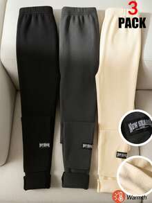 SHEIN 少女三件套字母拼接细节保暖打底裤，柔软高弹罗纹保暖内衬，休闲百搭，黑色/深灰色/杏色秋冬款 - 彩色 - 查看 3