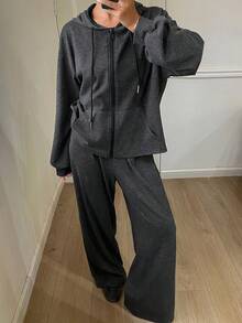 Livesso 女士秋冬时尚条纹宽松商务休闲连帽开衫和直筒裤两件套家居服套装 - 深灰色 - 查看 6