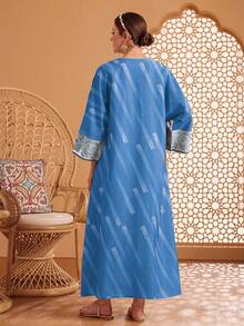 Al Najma Asymmetrical Random Print Patchwork Long Cardigan Kaftan Jalabiya Dress - Blue - View 2