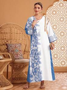 Al Najma Asymmetrical Random Print Patchwork Long Cardigan Kaftan Jalabiya Dress - Blue - View 3