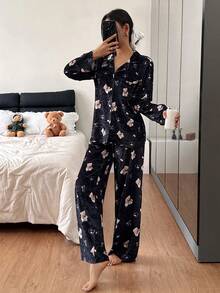 SHEIN Bộ đồ ngủ tay dài in họa tiết gấu lưới nhung lãng mạn dành cho nữ, quần áo thu đông - màu đen - Xem 6