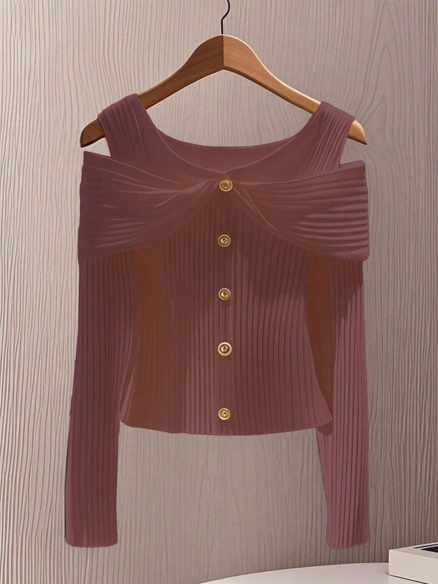 GlowEve Women's Solid Color Button Design Off-Shoulder Long Sleeve Fashion T-Shirt - Redwood - View 1