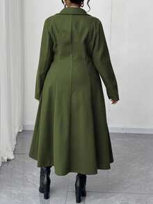 Maweii Plus Size Women's Square Neck Lapel Open Front Water Blue A-Line Pocket Mid-Length Elegant Vintage Casual Cute Overcoat, Autumn/Winter - Army Green - View 3