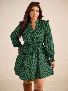 Elaquor Plus Size Colorblock Print Long Sleeve Dress/Fall/Winter Plus Size Shirt Dress - Dark Green - View 7