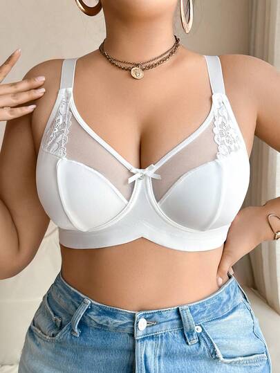 NudeFit 大码女式撞色蕾丝蝴蝶结装饰无钢圈文胸，提升型