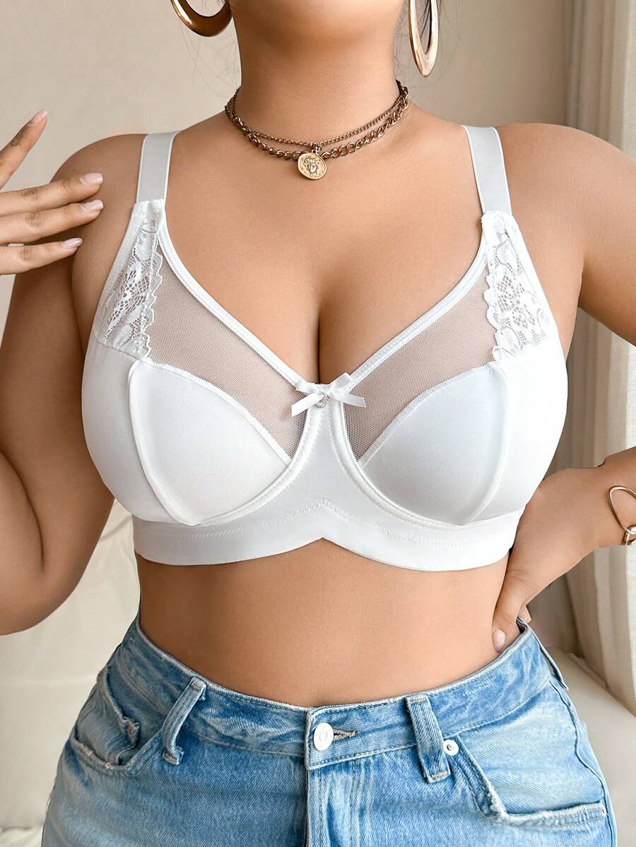 NudeFit Sujetador inalámbrico con encaje de contraste y lazo decorativo para mujer de talla grande, que levanta - Blanco - Ver 1
