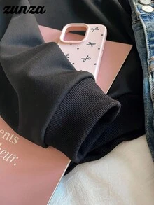 少女休闲百搭度假卫衣，黑色宽松半拉链卫衣，适合秋冬季穿着 - 黑色 - 查看 8