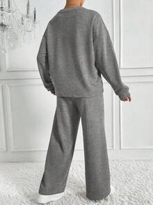 SHEIN Tall 女士两件套极简街头运动服，圆领上衣和阔腿运动裤，2025 年秋季新品 - 深灰色 - 查看 2