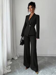 Elenzga Women's Suit Set, Suit Fabric, Lapel Collar, Long Sleeve, Waist Cinched A-Line Asymmetric Hem, Metal Button Decor, Sophisticated & Elegant For Office, Commute, Street Style, French Romantic, Casual, Middle Eastern Vintage, Afternoon Tea, Party, Thanksgiving, Back To School, Spring/Autumn/Winter - Black - View 3