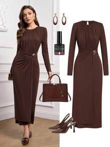 Ellevyn 大码女式纯色圆领长袖褶饰腰部金属装饰优雅连衣裙 - 棕色 - 查看 7