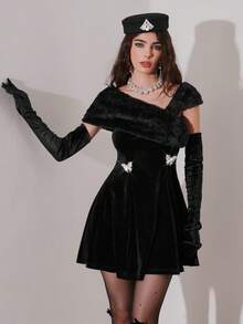 Modelyn Women's Elegant Summer Party Black And Silver Velvet Mini Dress,Faux Fur Asymmetric Collar Rhinestone Butterfly Decor Short Vampire Romwe Dress - Black - View 5